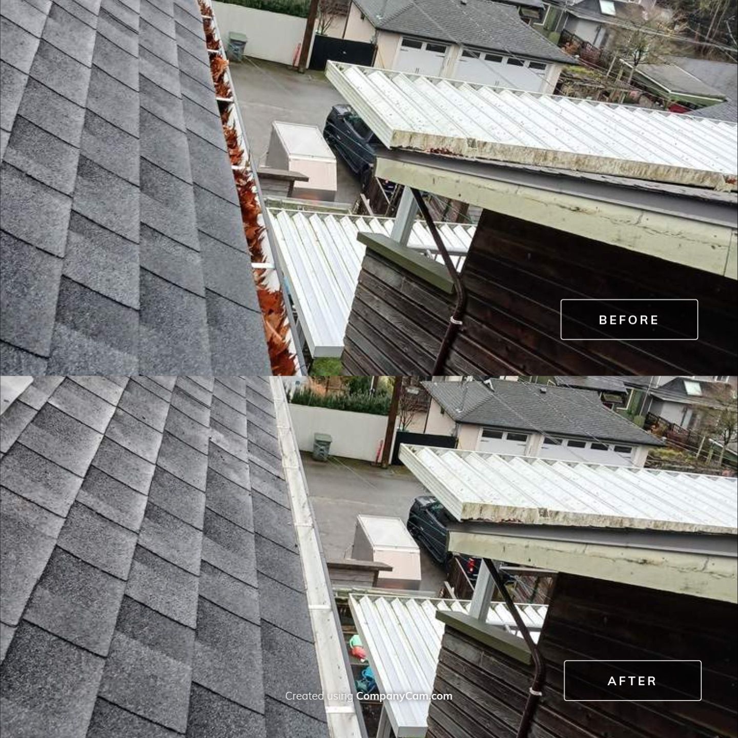 Gutters before and after cleaning by WashTech in Vancouver