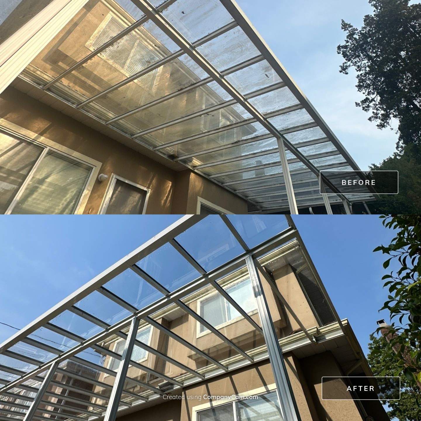 Glass awning before and after washing by WashTech in Vancouver
