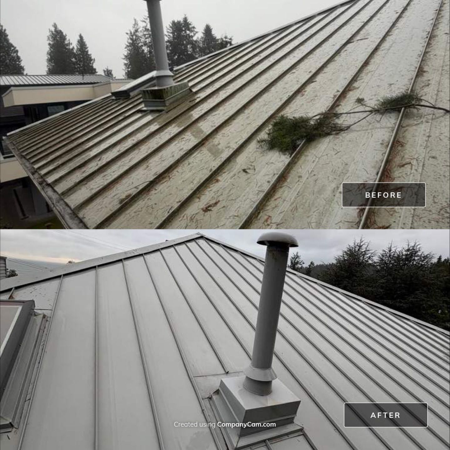 Metal roof before and after washing by WashTech in Vancouver