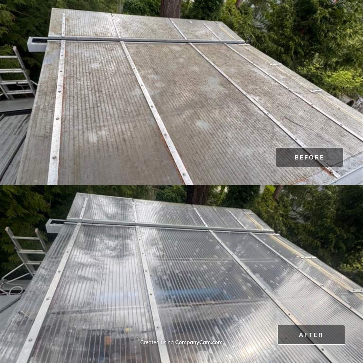 Corrugated polycarbonate roof before and after cleaning by WashTech in Vancouver