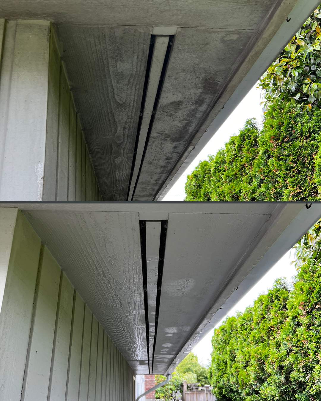 Painted wood soffit before and after soft washing by WashTech in Vancouver
