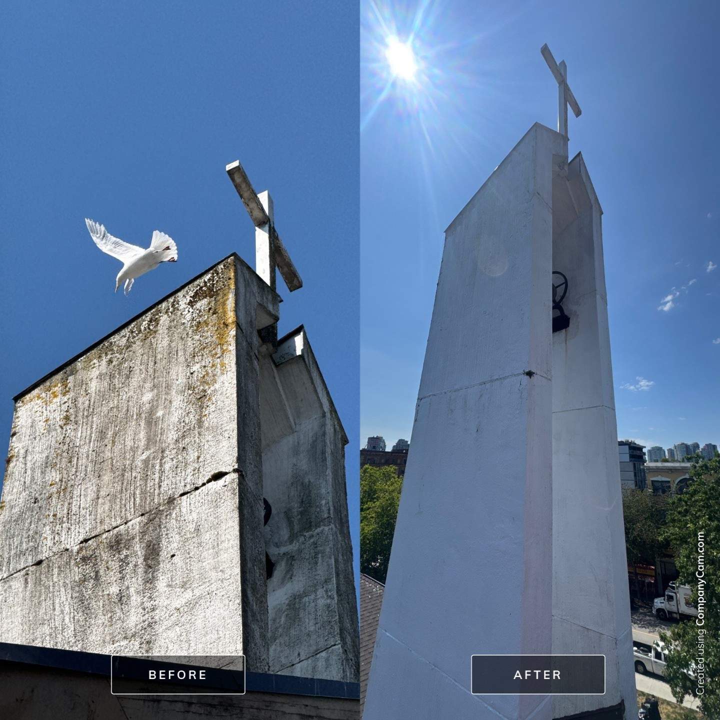 Stucco siding before and after soft washing by WashTech in Vancouver