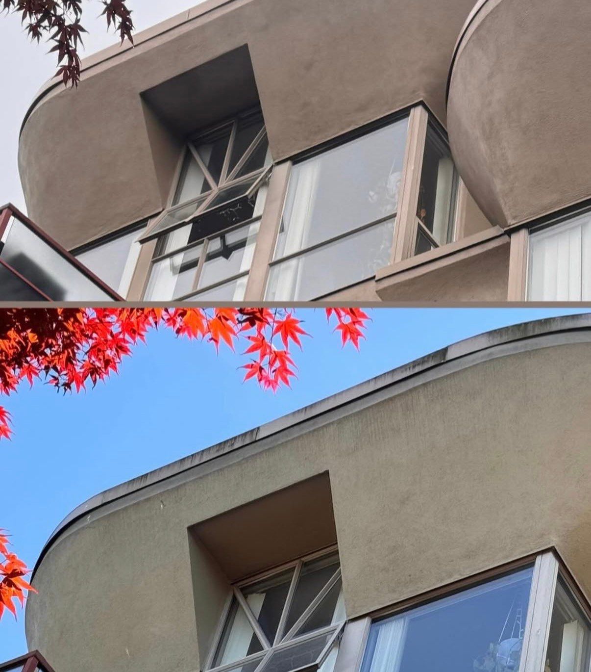 Stucco siding before and after soft washing by WashTech in Vancouver