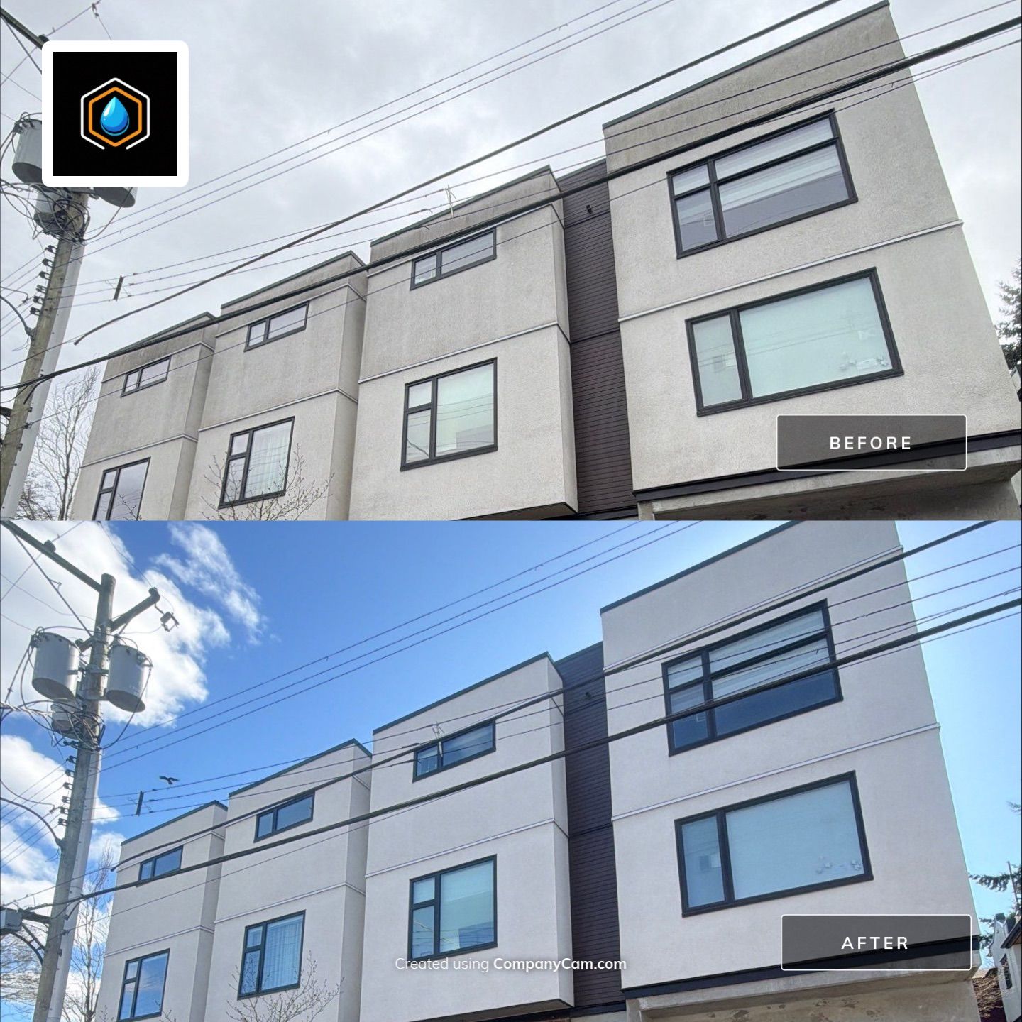 Stucco siding before and after soft washing by WashTech in Vancouver
