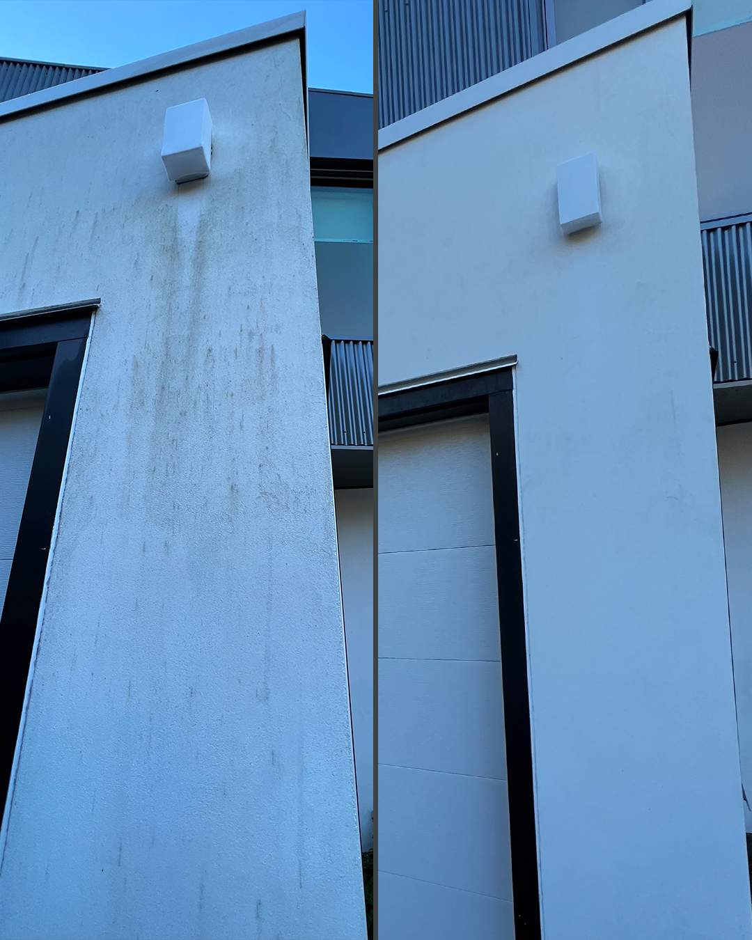 Stucco siding before and after soft washing by WashTech in Vancouver