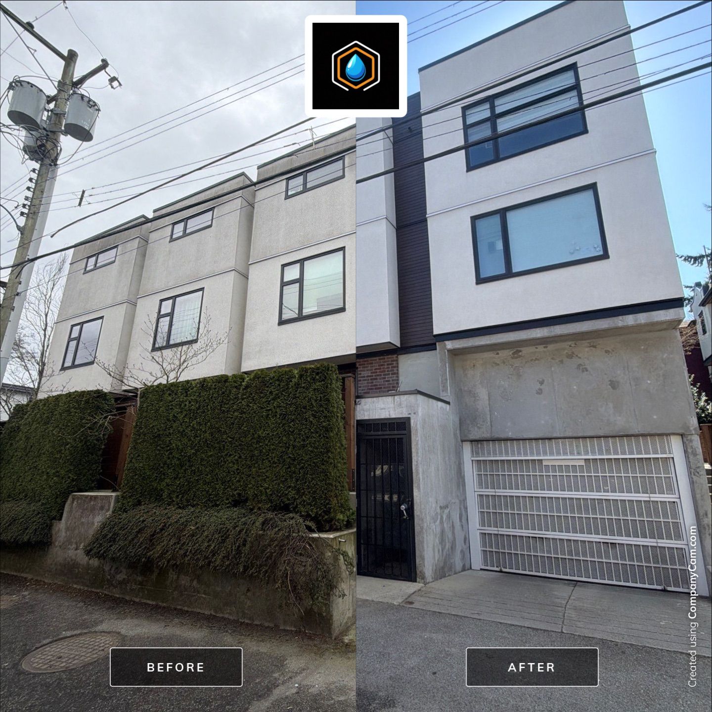 Stucco siding before and after soft washing by WashTech in Vancouver