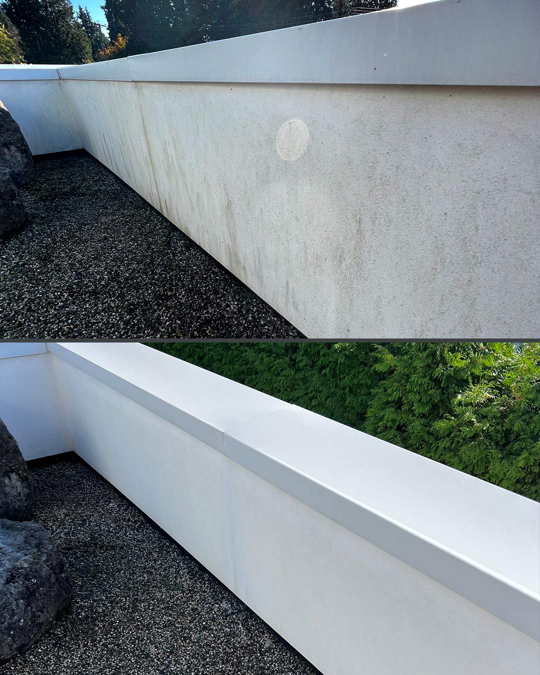 Stucco siding before and after soft washing by WashTech in Vancouver