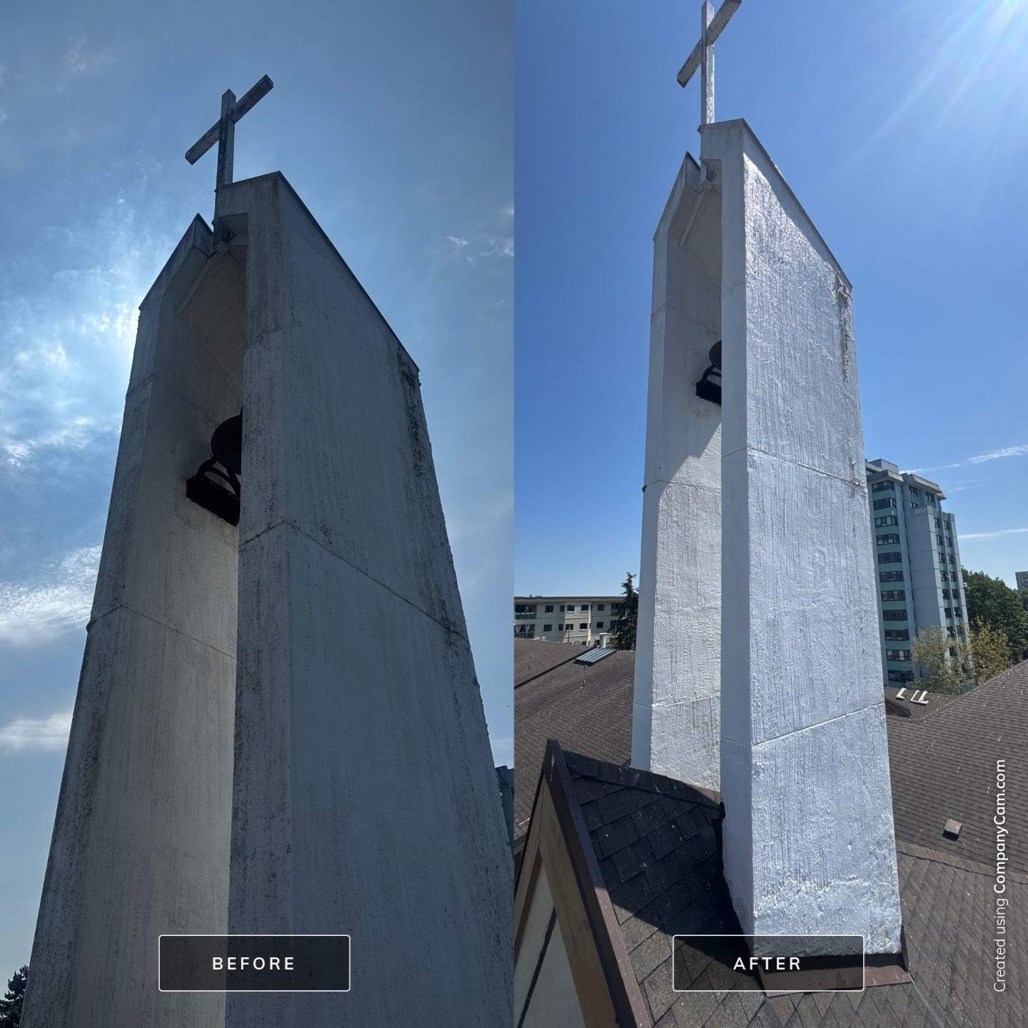 Stucco siding before and after soft washing by WashTech in Vancouver