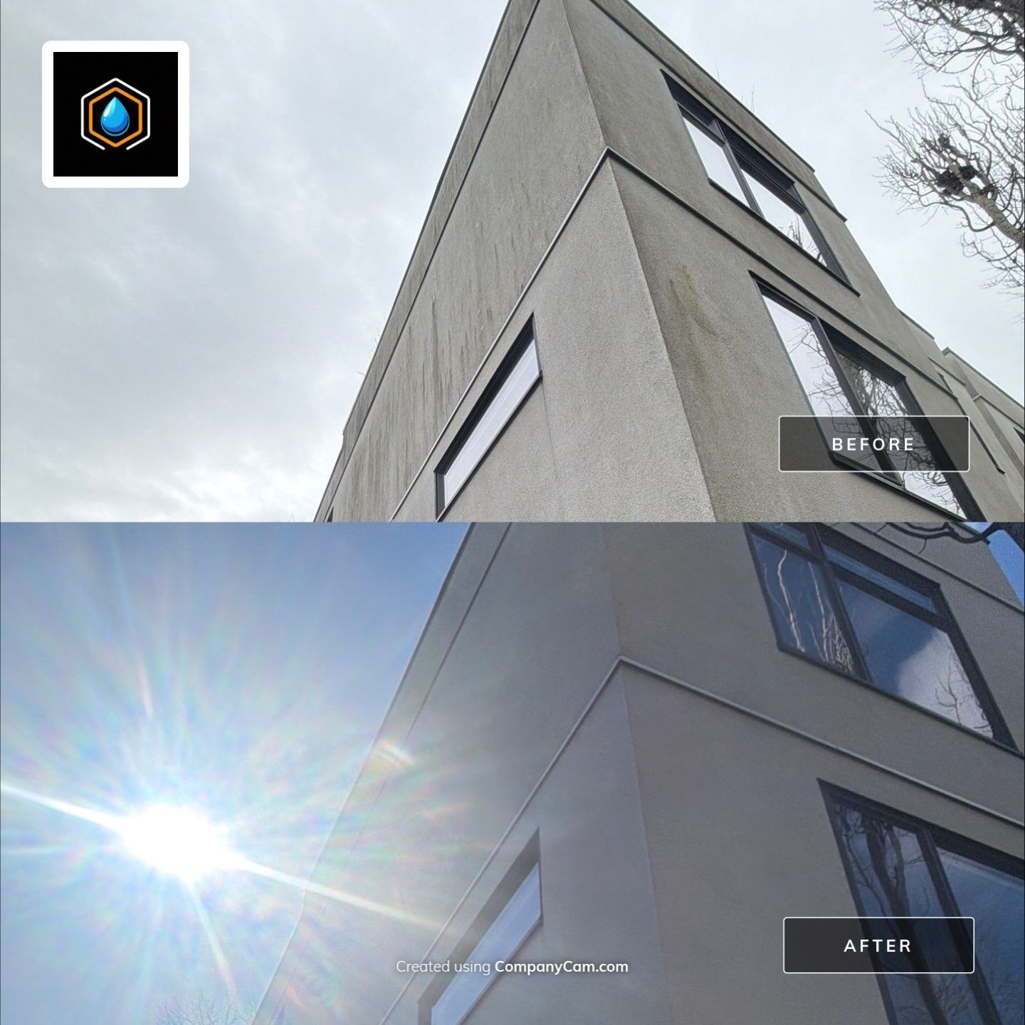 Stucco siding before and after soft washing by WashTech in Vancouver