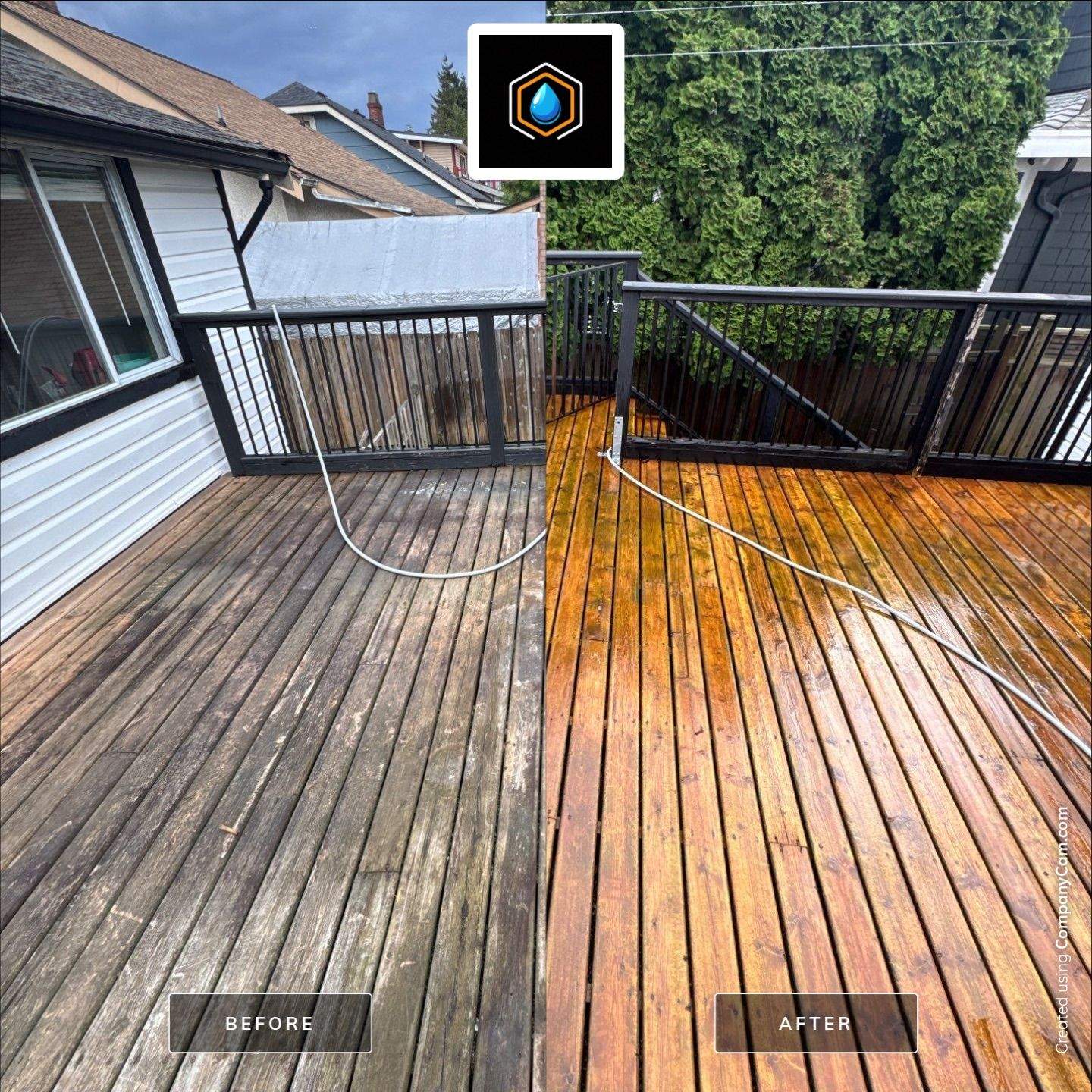 Untreated wood before and after restoration washing by WashTech in Vancouver