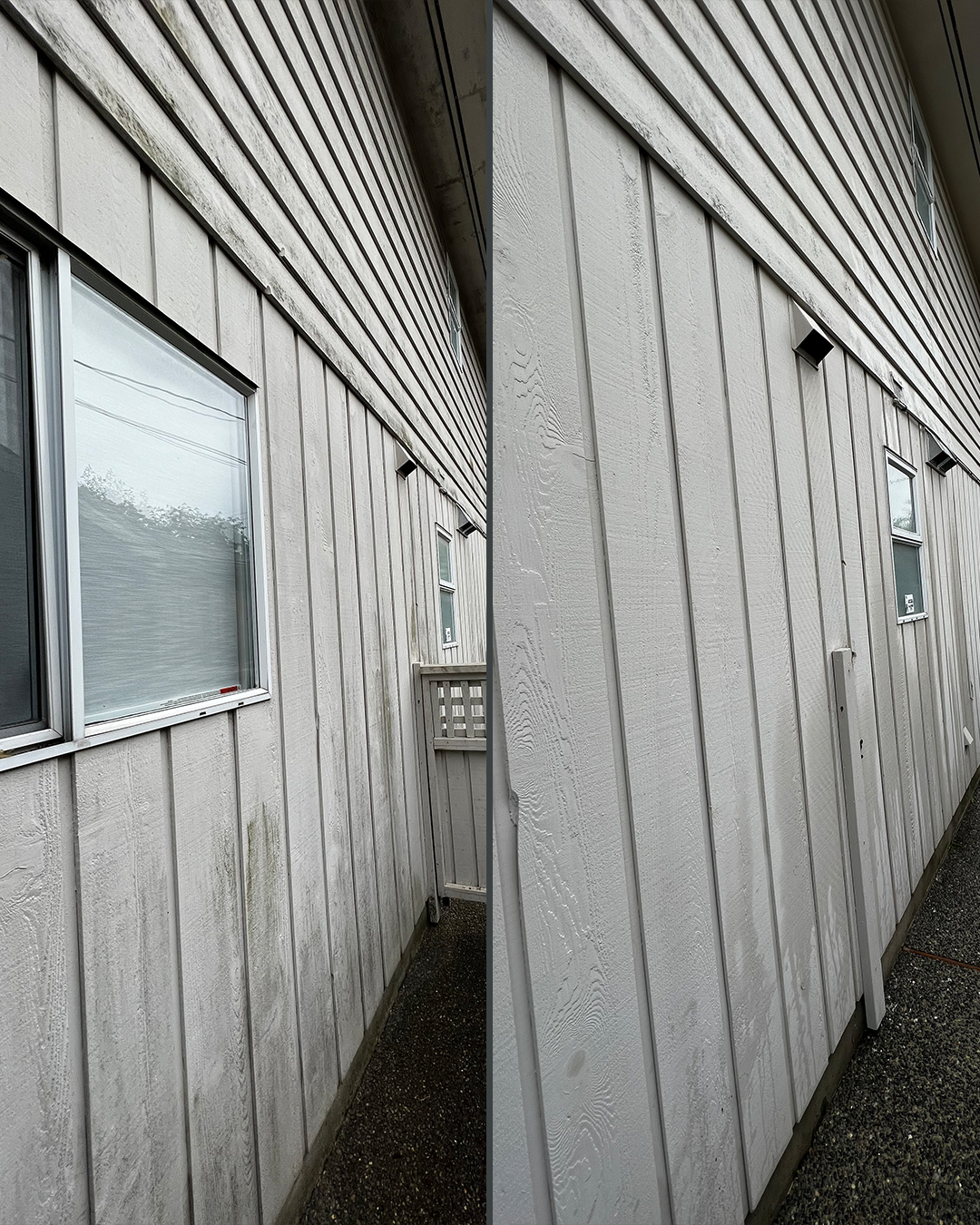 House siding before and after soft washing by WashTech in Vancouver
