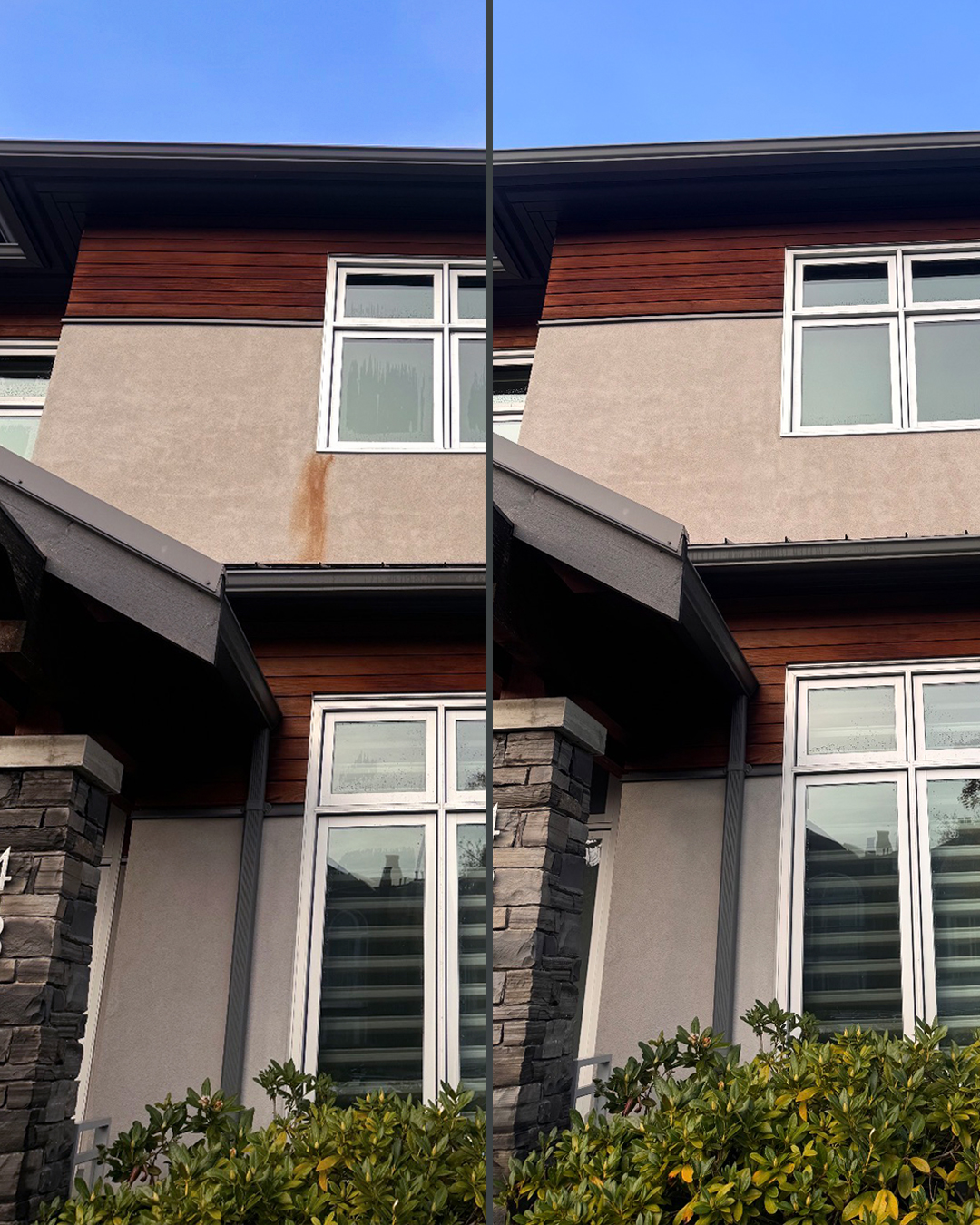 House exterior before and after soft washing by WashTech in Vancouver