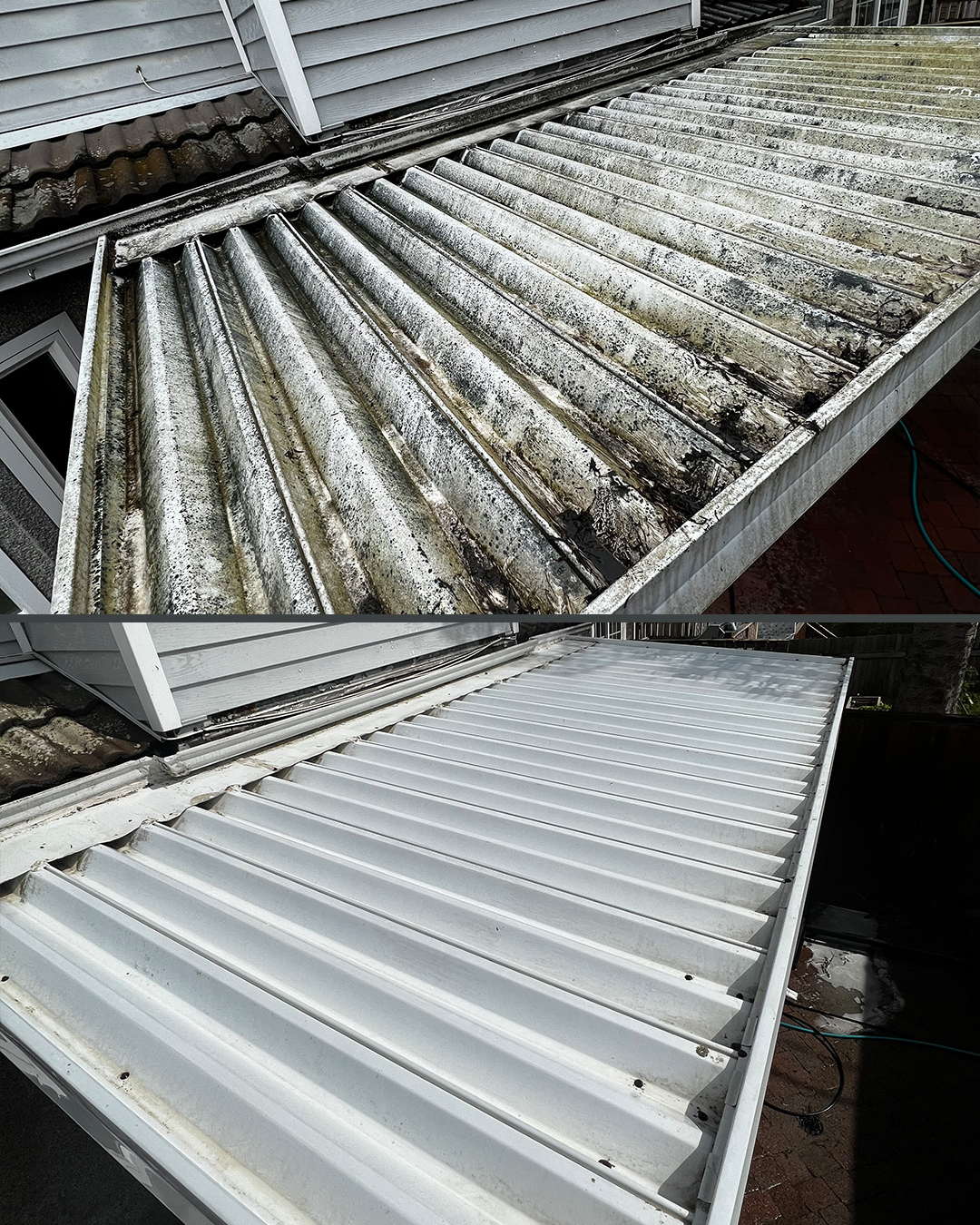 Corrugated roof panels before and after cleaning by WashTech in Vancouver
