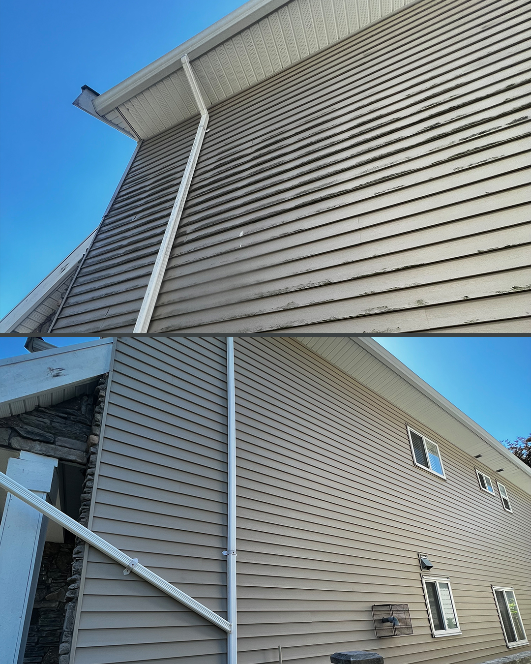 House siding before and after soft washing by WashTech in Vancouver