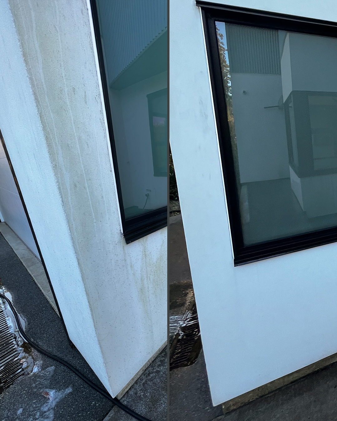 Stucco siding before and after soft washing by WashTech in Vancouver