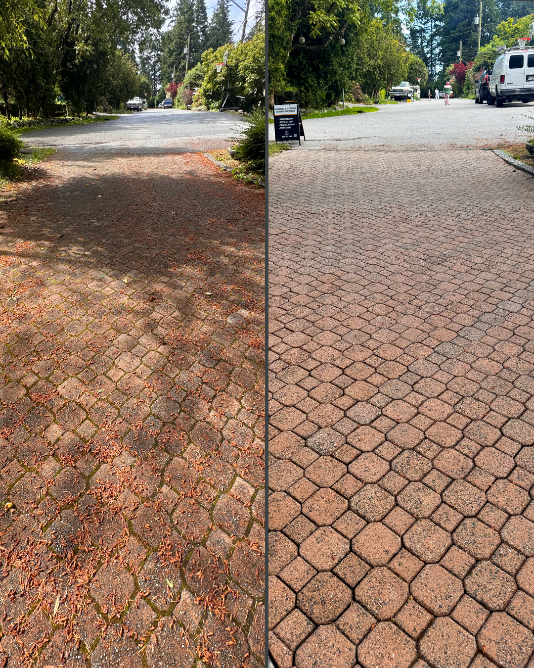 Paver driveway before and after pressure washing by WashTech in Vancouver