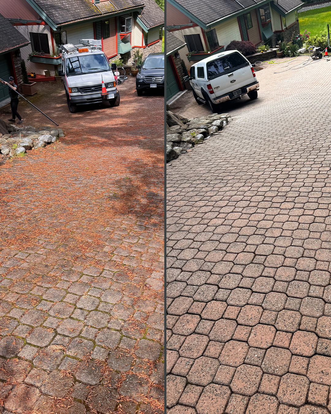 Paver driveway before and after pressure washing by WashTech in Vancouver