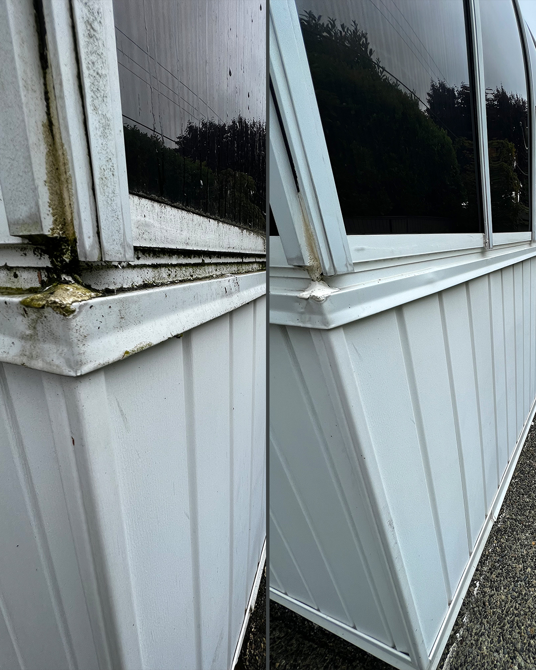 Window frames before and after soft washing by WashTech in Vancouver