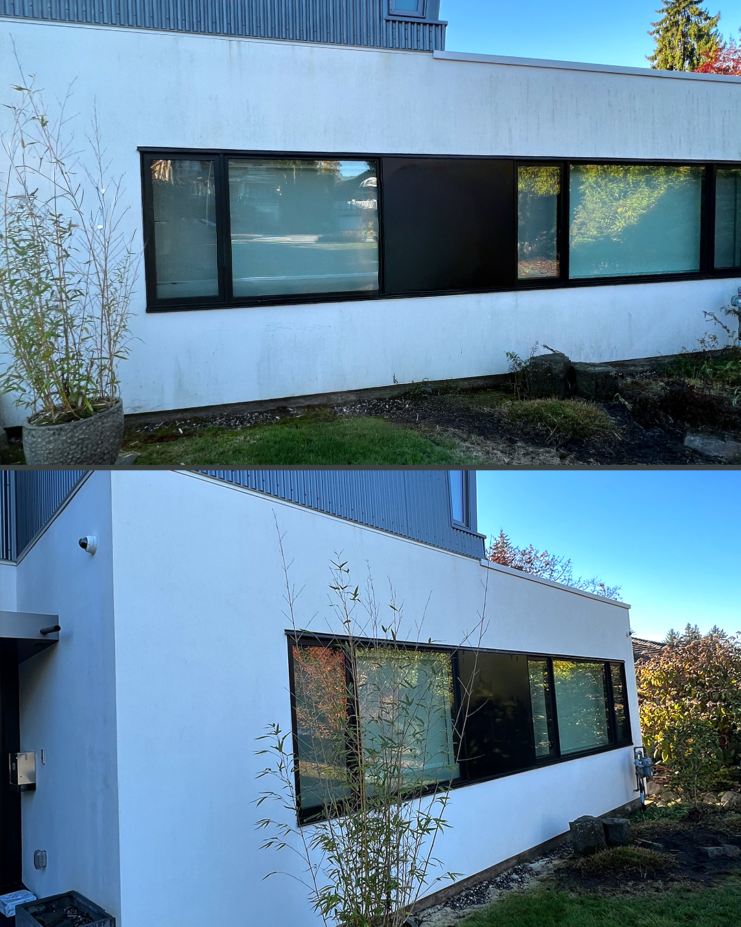 Stucco siding before and after soft washing by WashTech in Vancouver