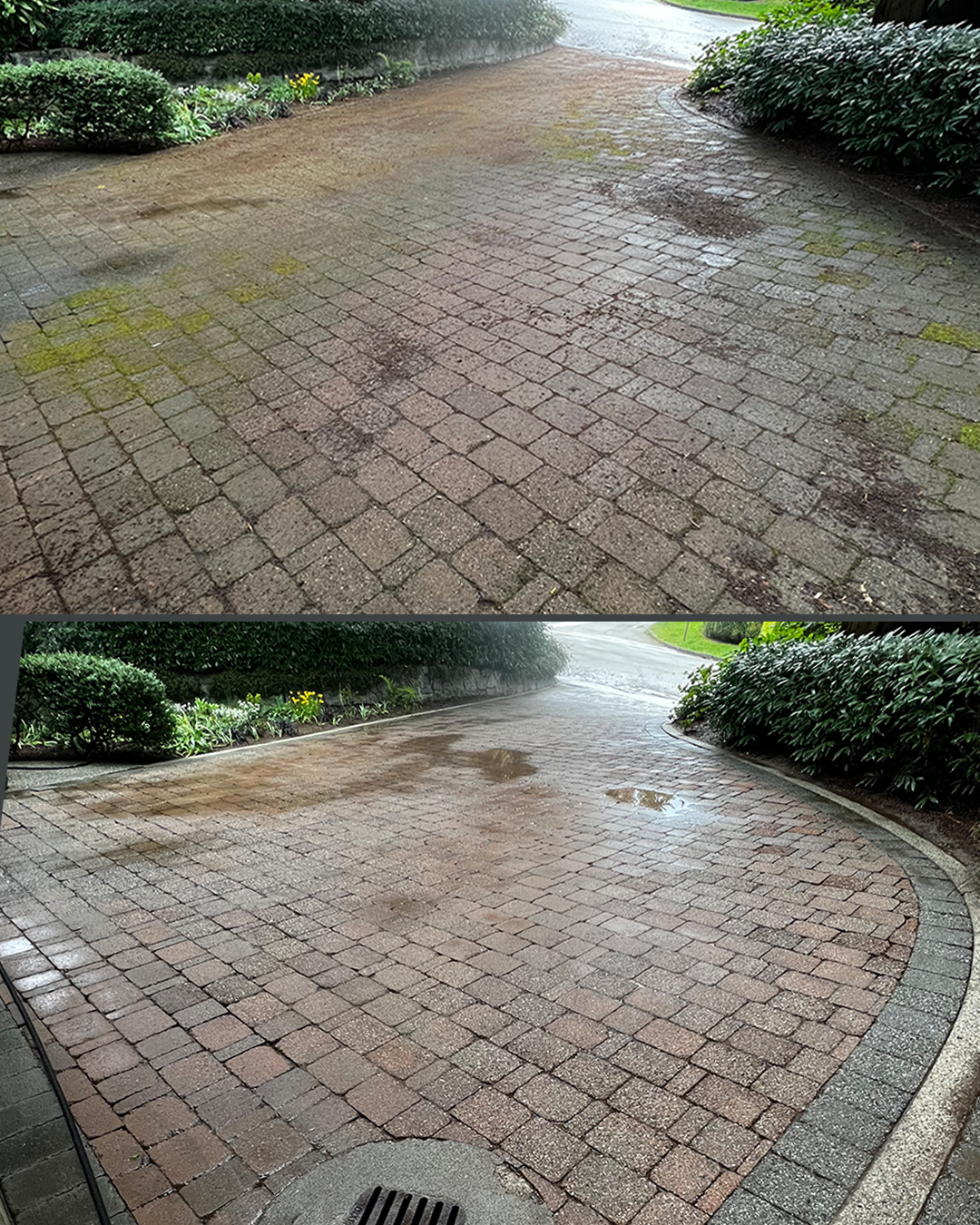 Paver driveway before and after pressure washing by WashTech in Vancouver