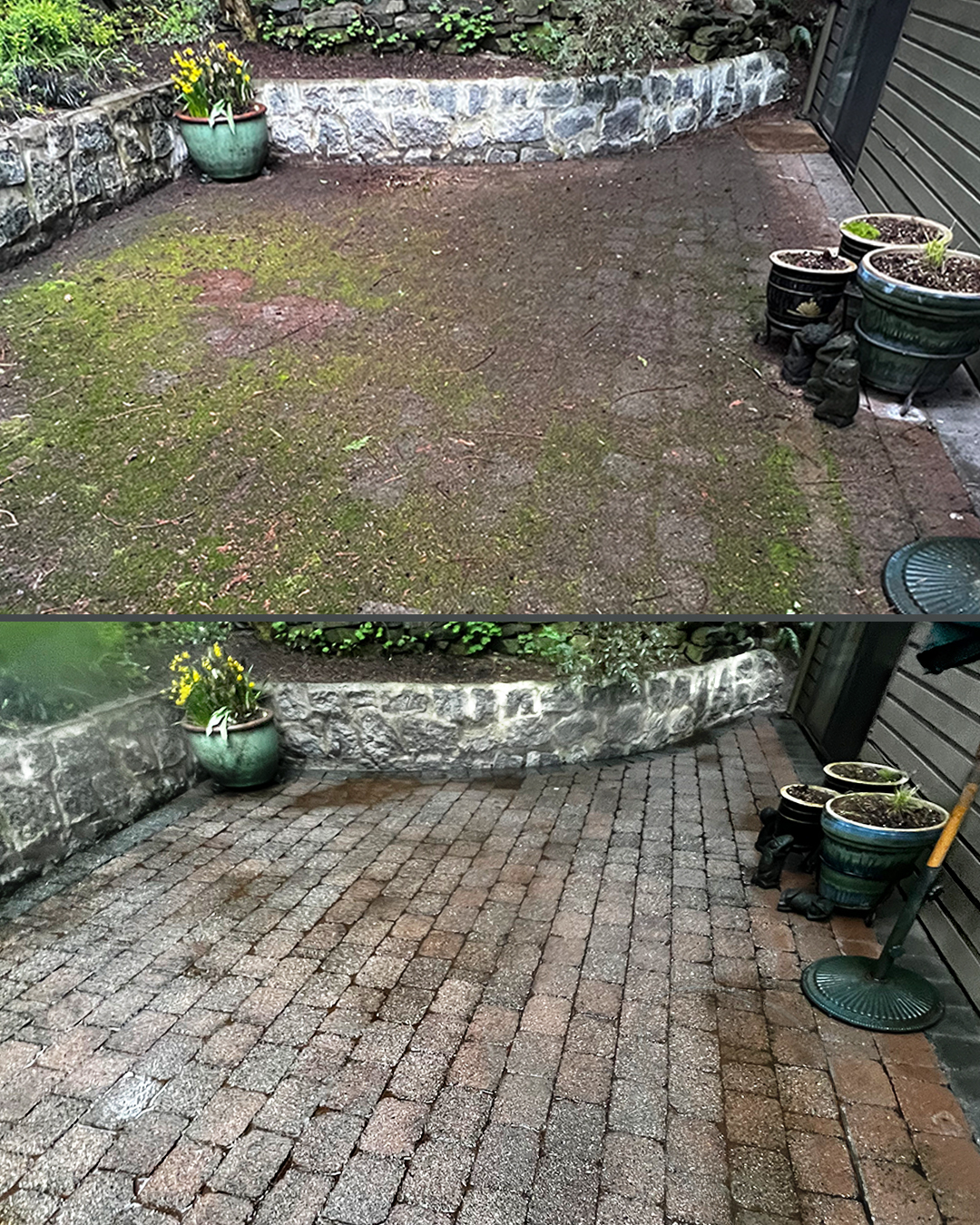 Paver patio before and after pressure washing by WashTech in Vancouver