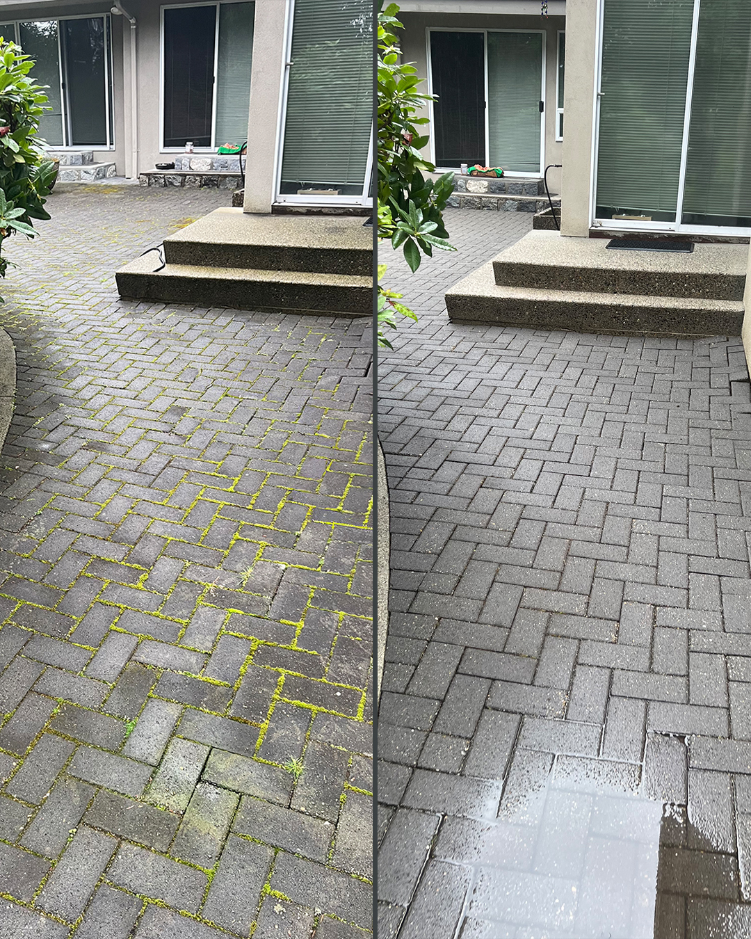 Paver walkway before and after pressure washing by WashTech in Vancouver