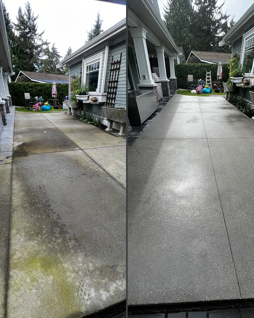 Concrete driveway before and after pressure washing by WashTech in Vancouver