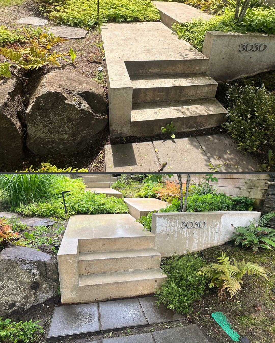 Concrete steps before and after pressure washing by WashTech in Vancouver