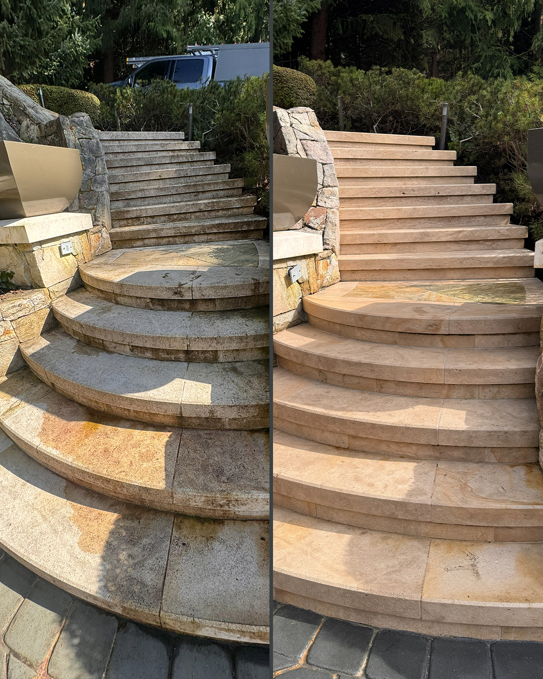 Stone steps before and after pressure washing by WashTech in Vancouver