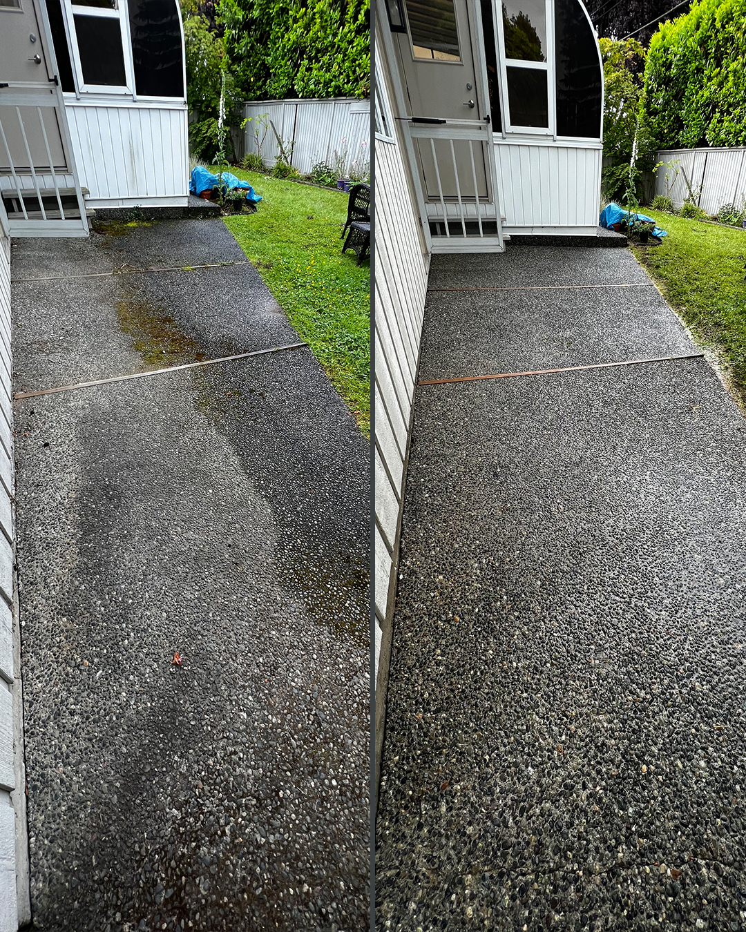 Exposed aggregate walkway before and after pressure washing by WashTech in Vancouver