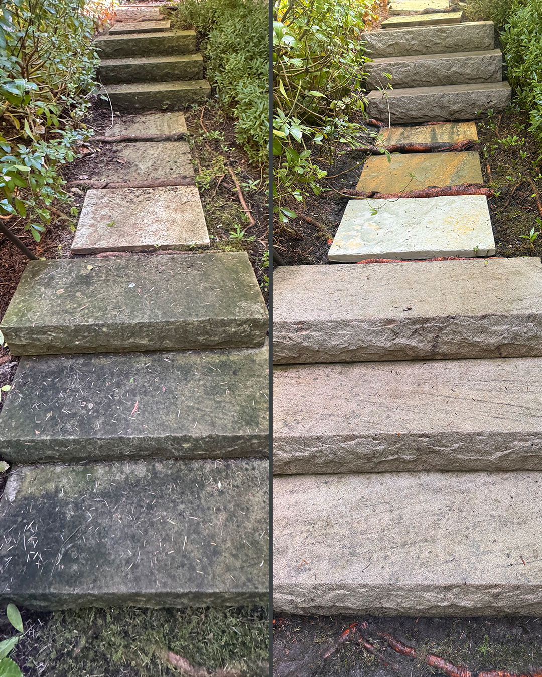 Stone steps before and after pressure washing by WashTech in Vancouver