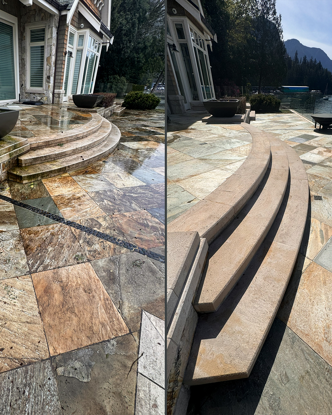 Stone patio before and after pressure washing by WashTech in Vancouver