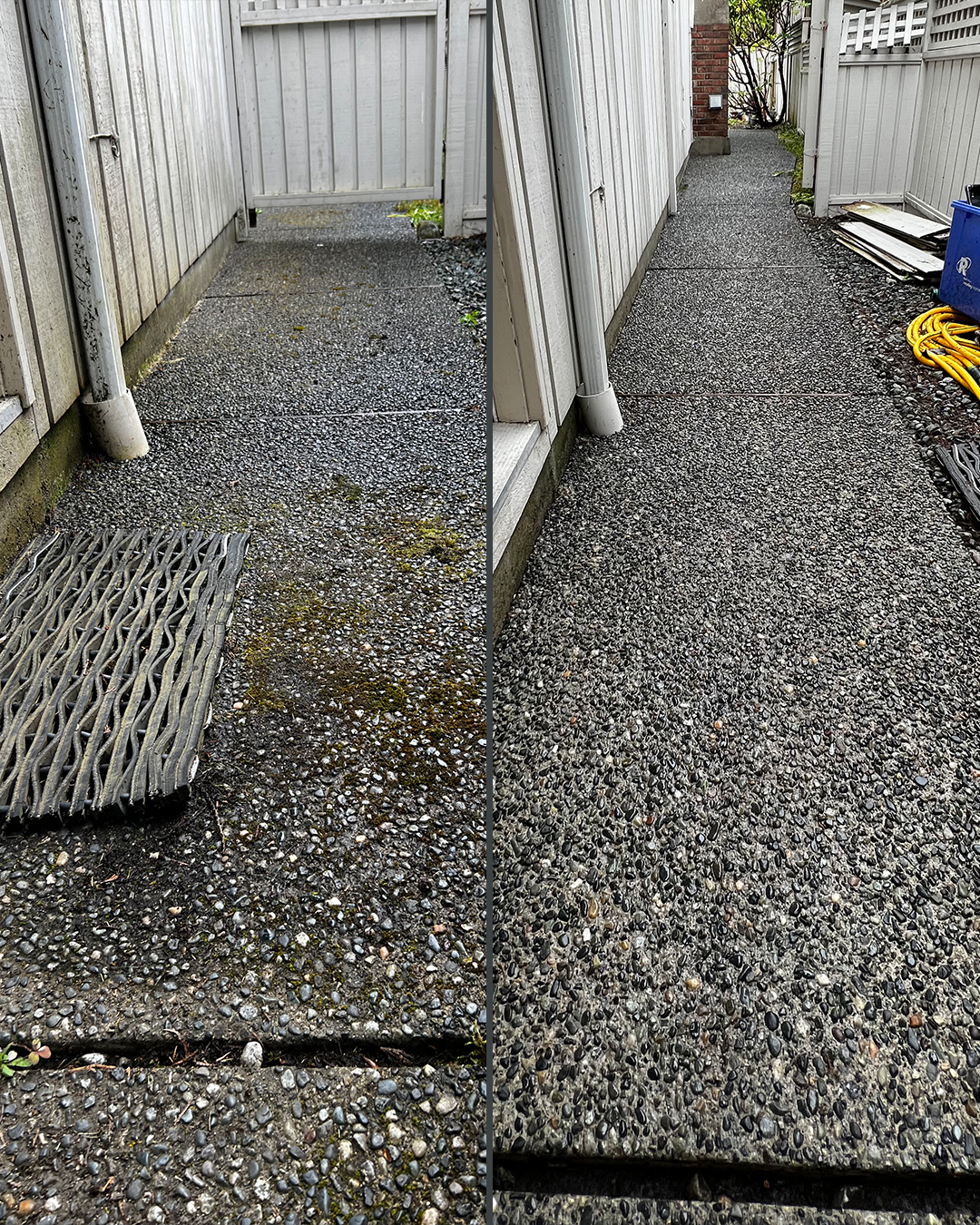 Exposed aggregate walkway before and after pressure washing by WashTech in Vancouver