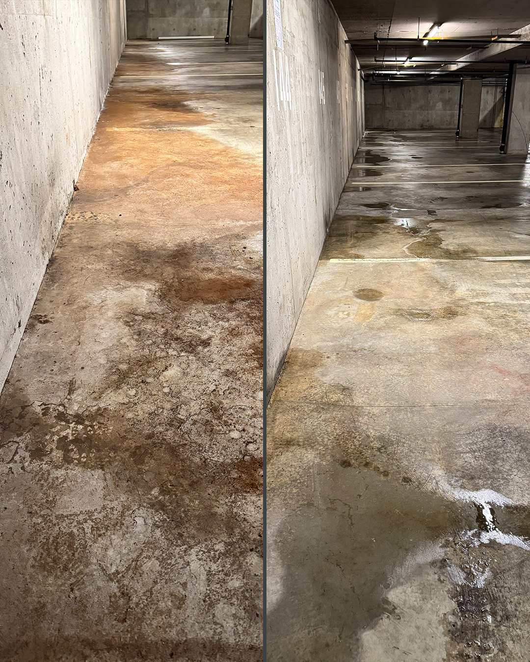 Parkade floor before and after pressure washing by WashTech in Vancouver