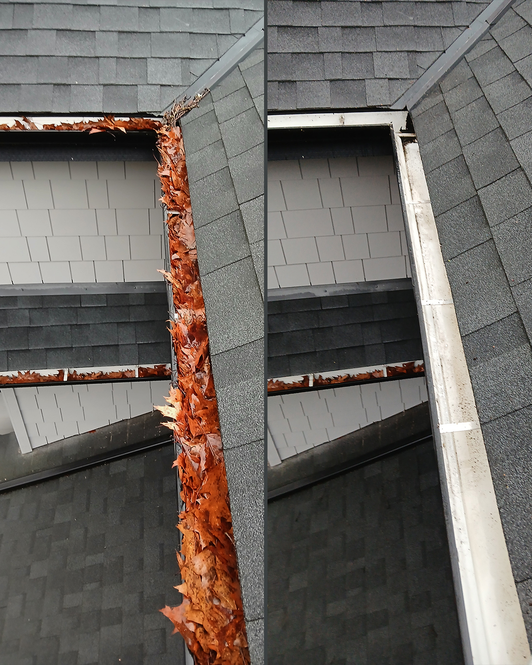 Roof valley before and after cleaning by WashTech in Vancouver