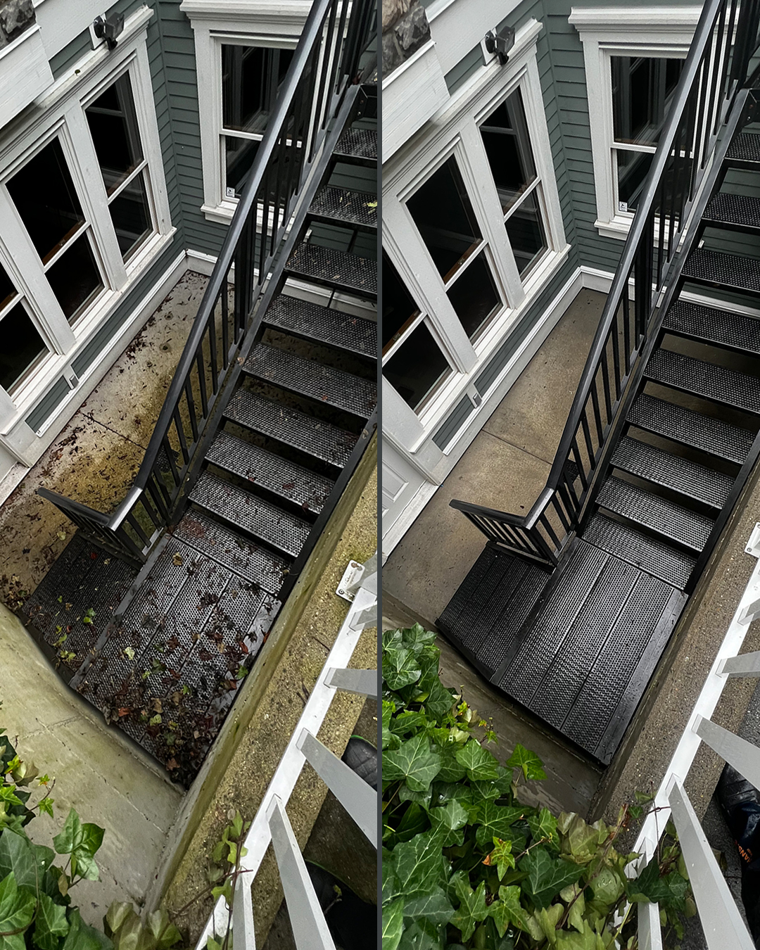 Exterior stairs before and after pressure washing by WashTech in Vancouver
