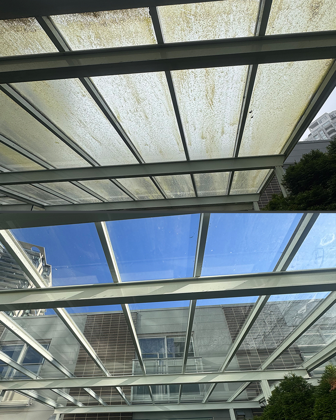 Glass awning before and after washing by WashTech in Vancouver