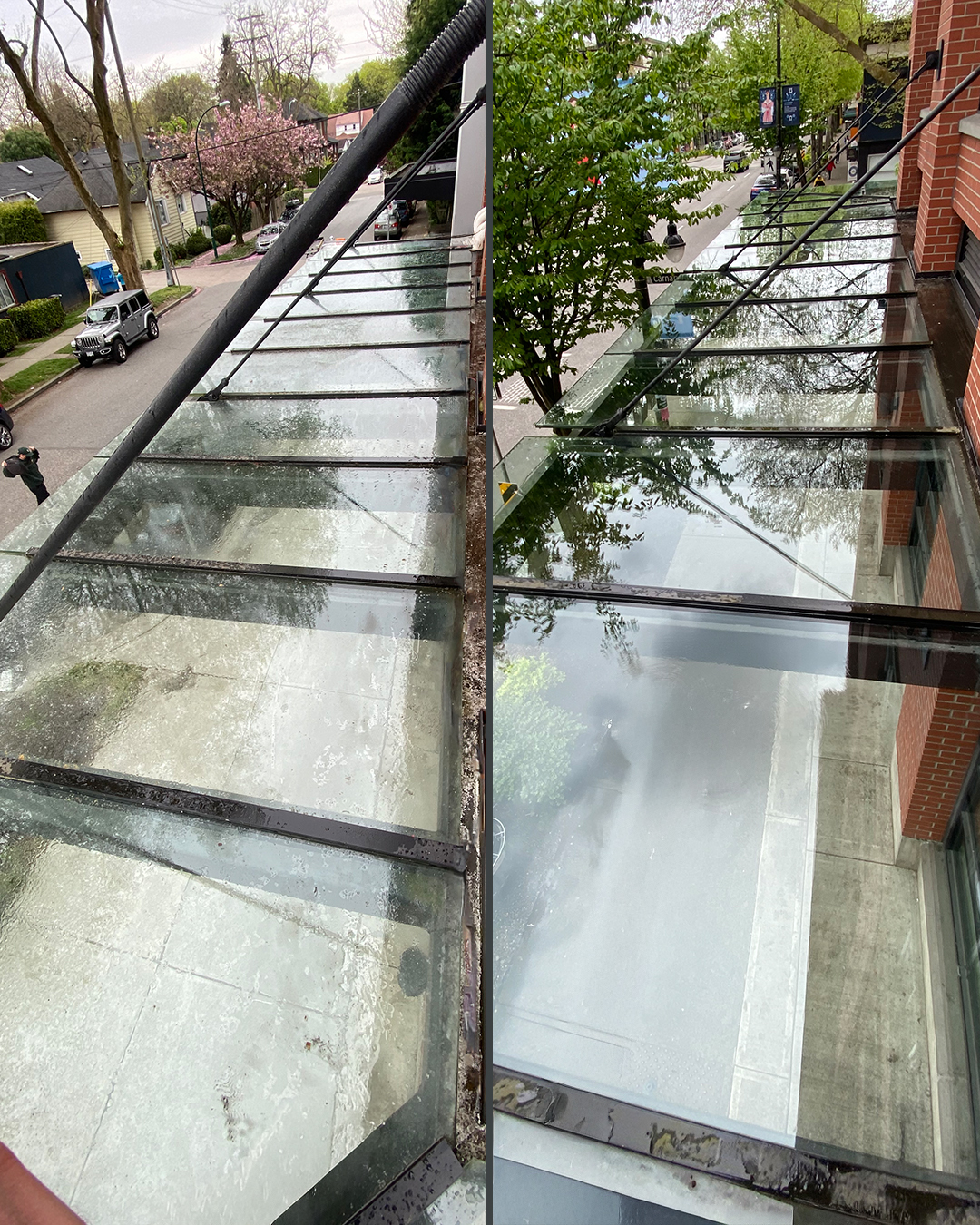 Glass awning before and after washing by WashTech in Vancouver