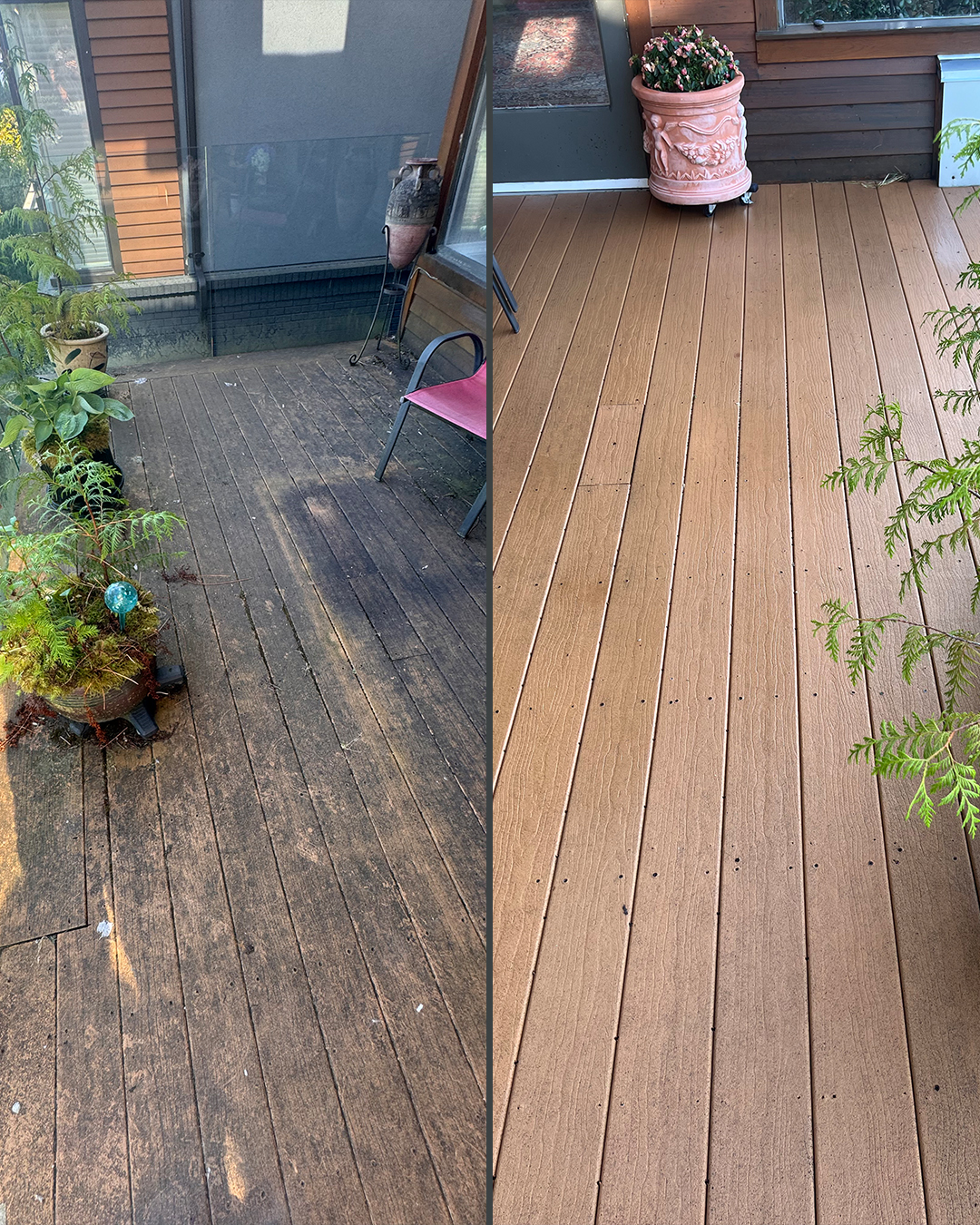 Wood deck before and after restoration washing by WashTech in Vancouver