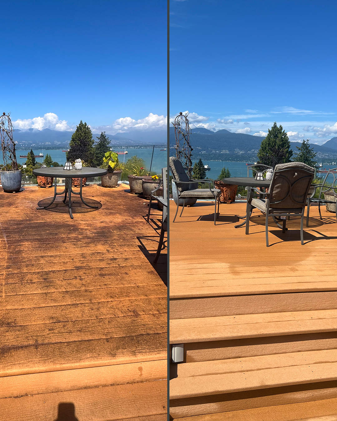Wood deck before and after restoration washing by WashTech in Vancouver