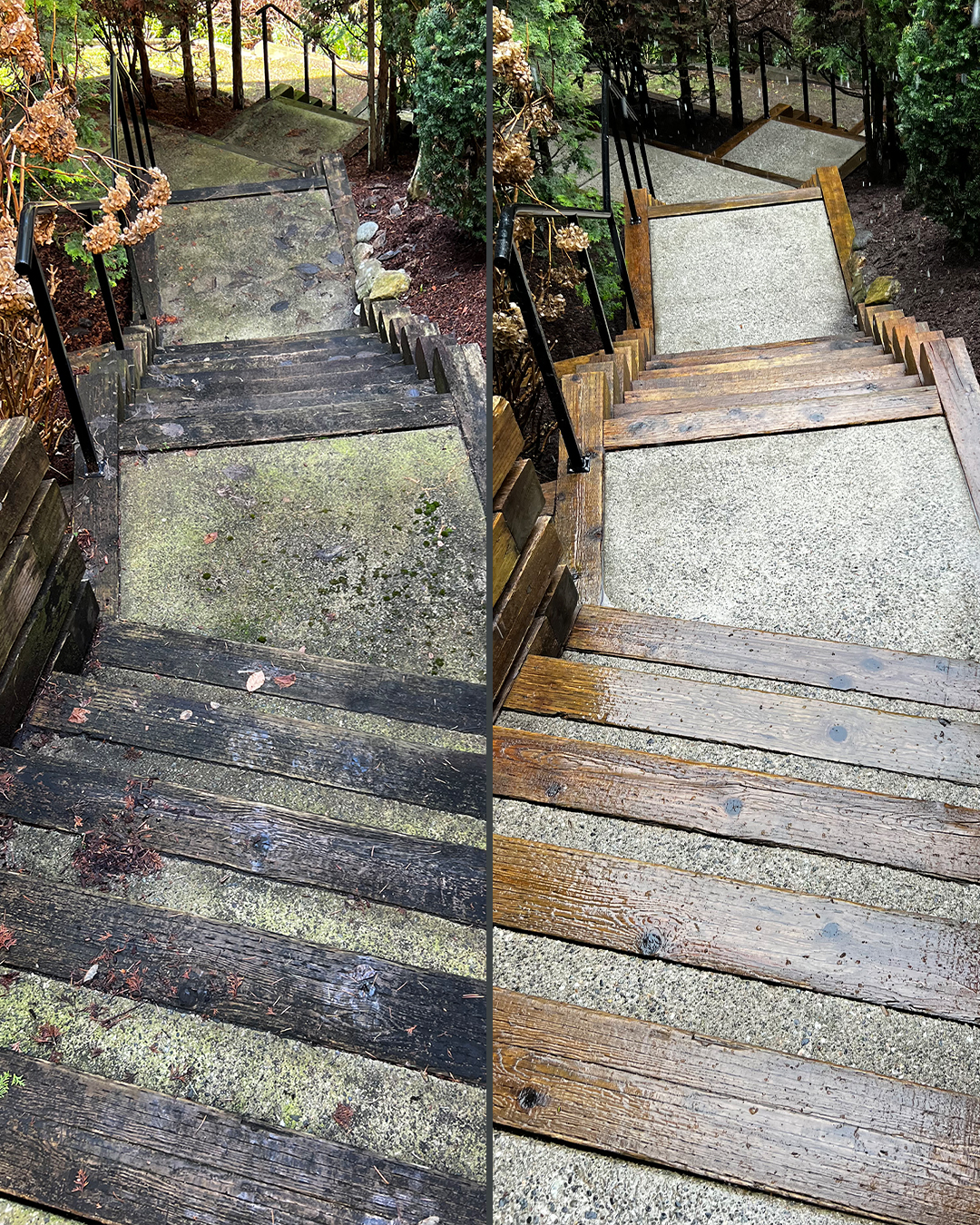 Wood stairs before and after restoration washing by WashTech in Vancouver