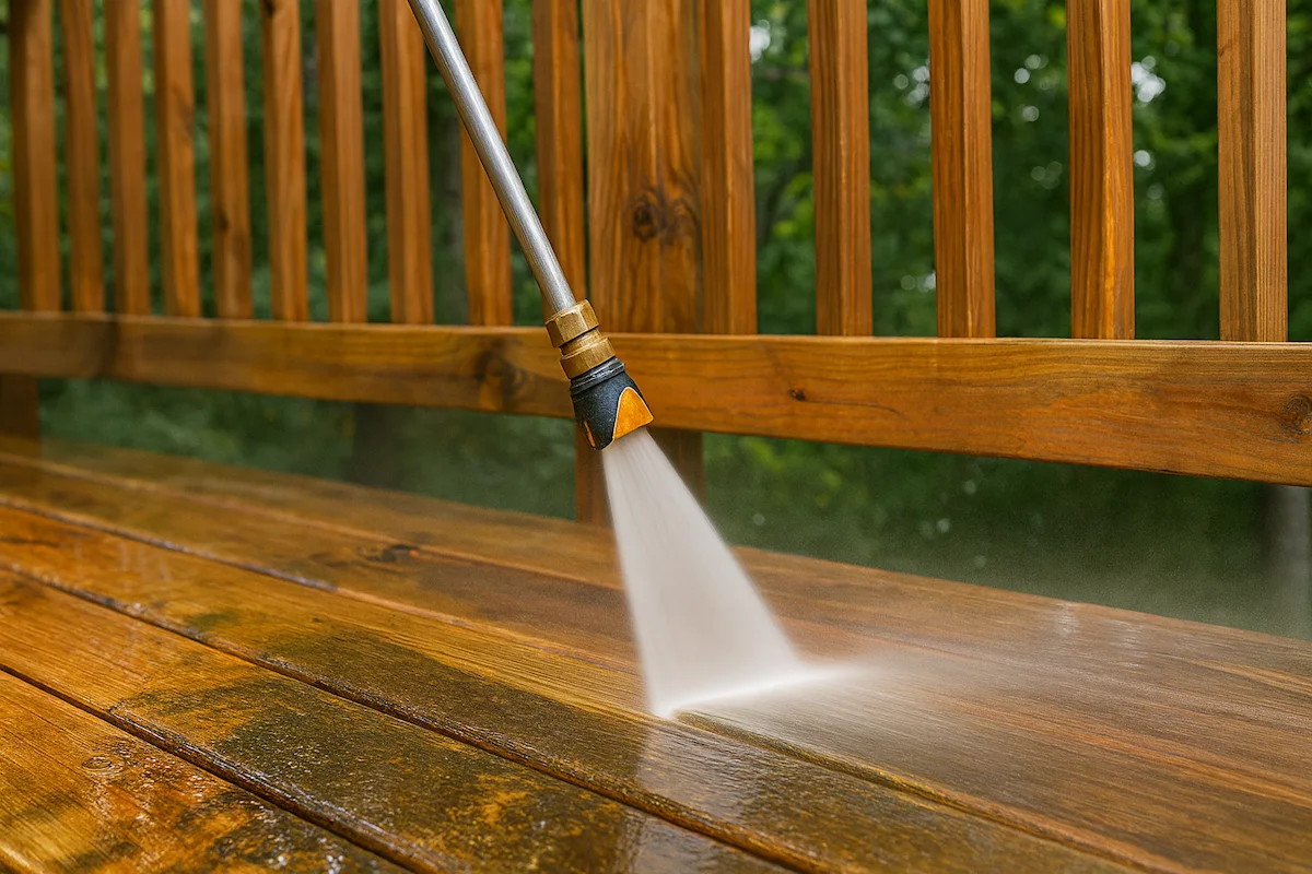 Close-up of professional pressure washing wooden deck to remove dirt and restore natural wood finish.