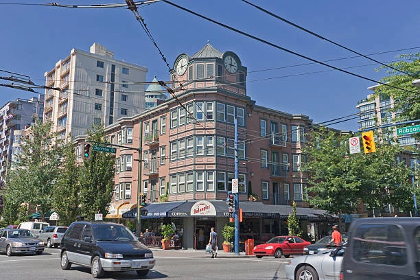 Robson and Denman streets in West End Vancouver — professional power wash, gutter, and exterior cleaning service area.