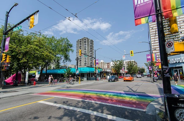 Davie Village rainbow crosswalk in West End Vancouver - trusted local window and gutter cleaning experts.