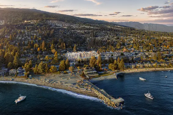 Aerial view of Dundarave Village and pier in West Vancouver; professional roof, gutter, and exterior cleaning services.
