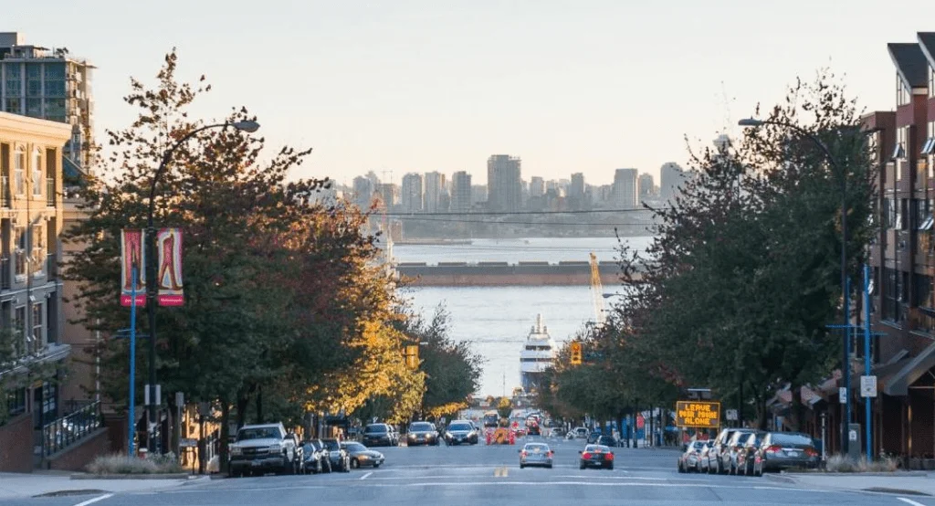 Lower Lonsdale street view in North Vancouver facing the water; trusted exterior, roof, and window cleaning experts.