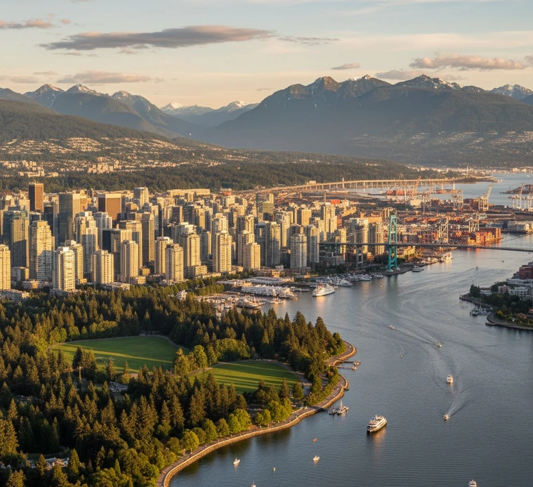Aerial view of downtown Vancouver with Stanley Park and mountains; trusted exterior, window, roof, and gutter cleaning services.