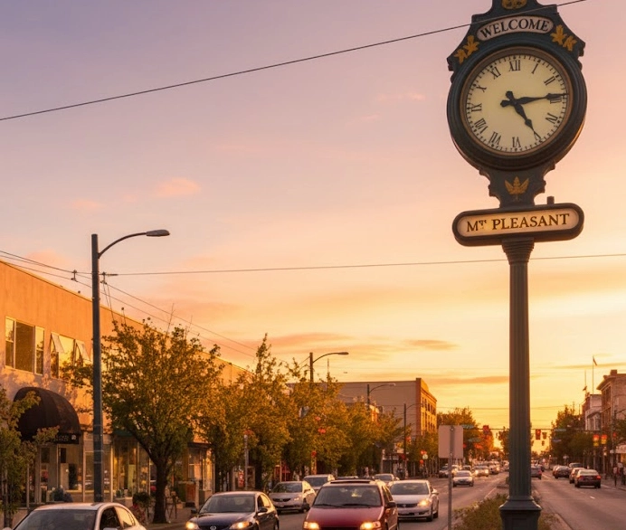 Mount Pleasant clock and main street at sunset in Vancouver; reliable local exterior and soft wash cleaning services.