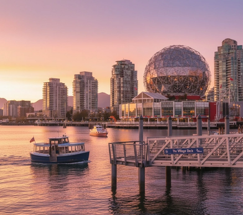 False Creek waterfront with boats and skyline at sunset in Vancouver; professional window, roof, and exterior cleaning specialists.