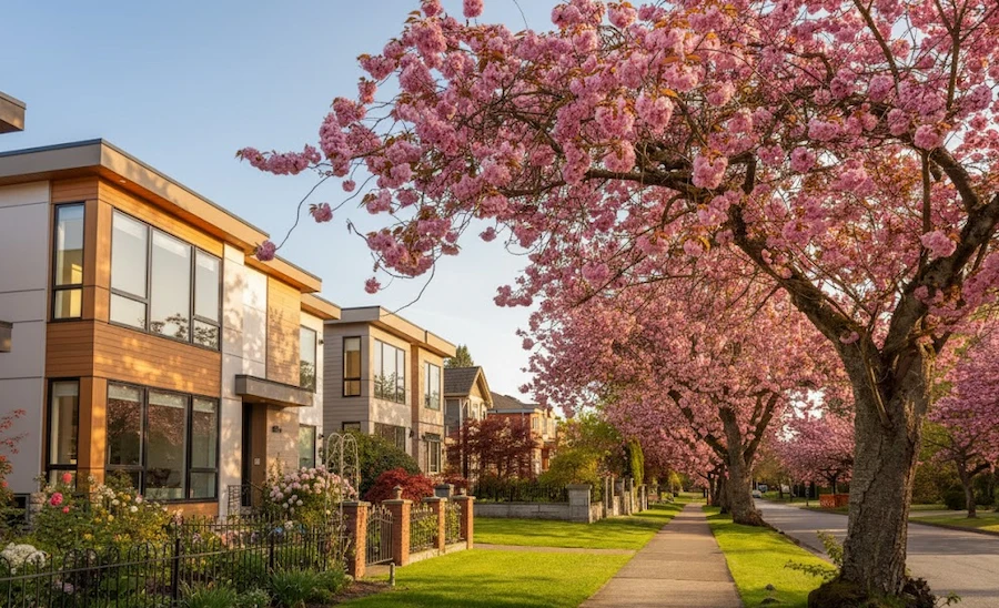 Modern homes and cherry blossom trees along Cambie Village in Vancouver; expert roof, gutter, and exterior cleaning.